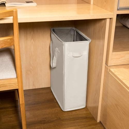 ZERO JET LAG Slim Laundry Hamper With Handles Collapsible Laundry Basket Thin Dirty Clothes Basket Narrow Laundry Bag Foldable Dirty Clothes Hamper 45L (23 inches,Beige) 5