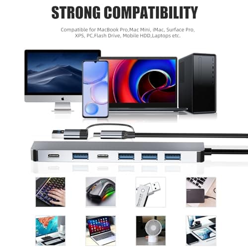 【Upgrade】 USB C/USB Hub, BERLAT Aluminum 7 in 1 USB C & USB Hub with USB 3.0, USB 2.0 Ports for PC/Laptops/MacBook Pro/Air/iMac/iPad and More Devices 7