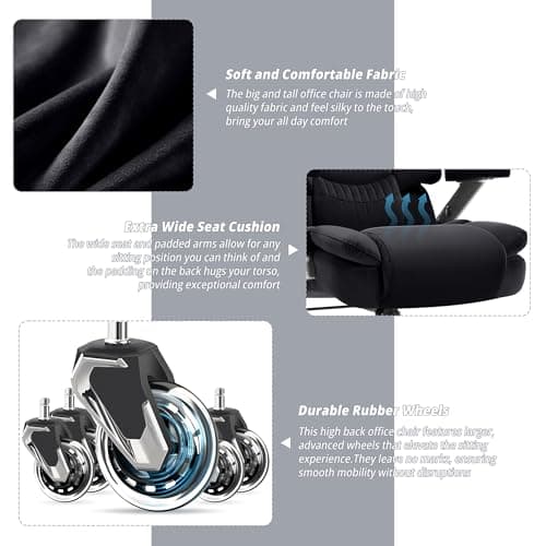 Fabric Big and Tall Office Chair 700lbs-High Back Executive Cloth Computer Chair with Adjustable Lumbar Support 3D Flip Arms Plus Size Rubber Wheels-Extra Wide Large Desk Chairs, Heavy Duty Metal Base 5