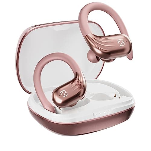 Rose Gold Wireless Running Earbuds for Women. Pink Bluetooth Sport Earbuds for Running, 80 Hour Long Battery Life Over the Ear with EarHooks, Wrap Around Ear buds with Microphone, Earphones