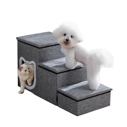 Crispedia Dog Stairs for Small Dogs, 3-Step Non-Slip Pet Stairs for Cats, Small Dog Steps with Storage and Condo, Indoor Cat Steps for Older Cats, Arthritis-Friendly, Grey