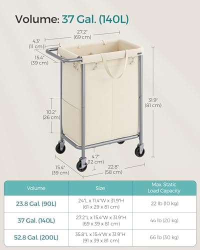 SONGMICS Laundry Basket with Wheels, 2-Section Rolling Laundry Hamper, 37 Gallons (140 L), Removable Liner, Steel Frame with Handle, 27.2 x 15.4 x 31.9 Inches, Cream White URLS004W01 6