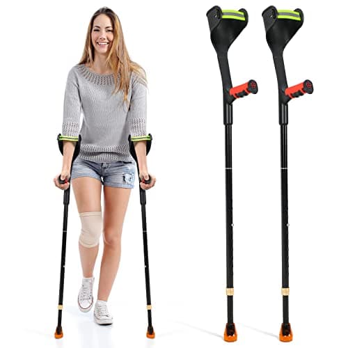 Elorgzem Pair Forearm Crutches, Ergonomic Folding Forearm Crutches for Adults with Anti-Dorp Cuff, 10-Level Adjustable Height, Suitable for Adults with Leg Injury (1 Pair - Red Handle)