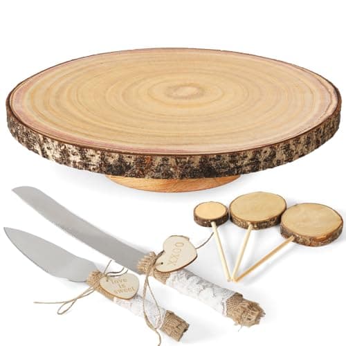 Relaxing Garden Customizable 12 Inch Rustic Wood Cake Stand Set with Bark Edge, Cake Knife & Server + Blank Wood Slice Topper — Cake Display for Weddings, Birthdays, Showers & Holiday Celebrations