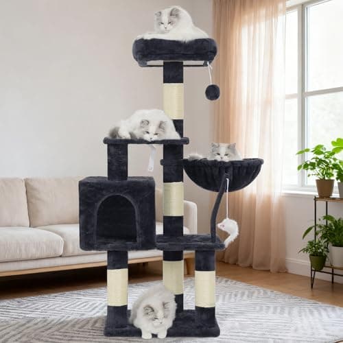 Heybly Cat Tree with Toy, Cat Tower Condo for Indoor Cats, Cat House with Padded Plush Perch, Cozy Hammock and Sisal Scratching Posts, Smoky Gray HCT004SG 9