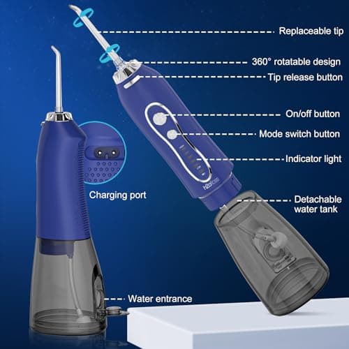 H2ofloss Water Dental Flosser Pick for Teeth: 5 Modes Cordless Portable 300ML Larger Tank Water Teeth Cleaner IPX7 Waterproof Flossing Cleaning Picks for Home Travel Dark Blue 6
