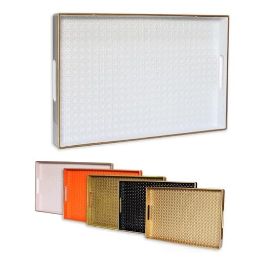 Leemxiiny White Decorative Coffee Table Tray, Rectangular Plastic Serving Tray with Handles for Living Room, Ottoman, Bathroom, 15.7"*10.2"