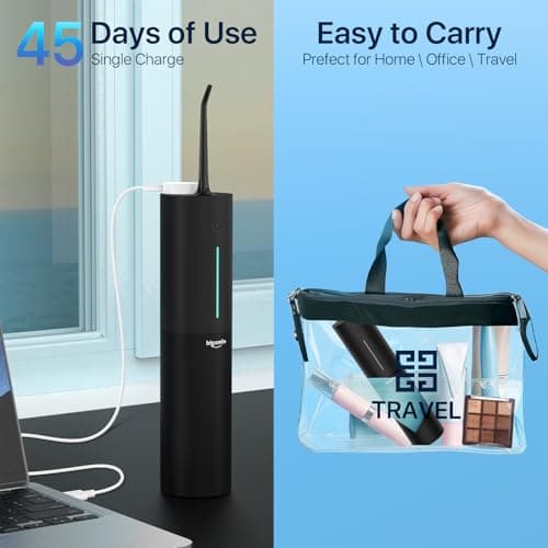Bigsmile Black Water Flosser Cordless Portable Dental Irrigator Travel Shower Strong Pick Floss IPX7 200ML Must Have for Kids Braces Bridges (Black 8