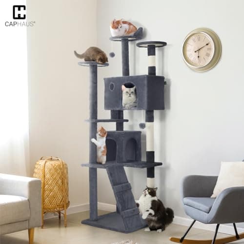 CAPHAUS Cat Tower for Indoor w/Cat Wand Toy, Modern Cute 74-Inch Cat Tree w/Widened Perch for Large Cats Kittens, Multi-Level Cat Activity Tree w/Scratching Posts, Tunnel, Basket, Cat Cave Condo 9