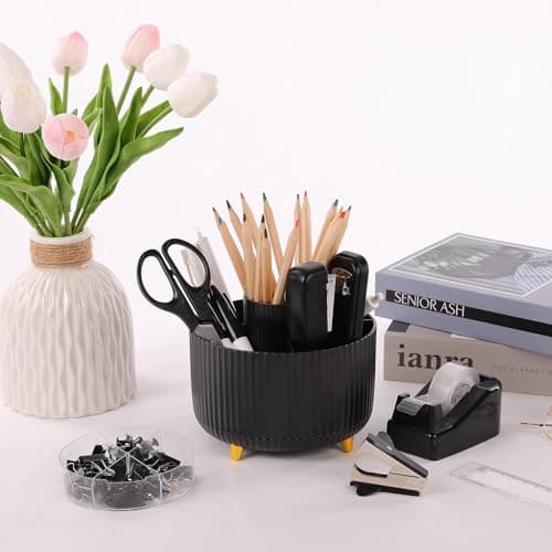SKYDUE Black Office Supplies, Black Office Desk Accessories 10PCS, Pencil Holder for Desk, Stapler, Tape Dispenser, Scissors, Ruler, Clips and 1000pcs Staples, Desk Supplies Set 7