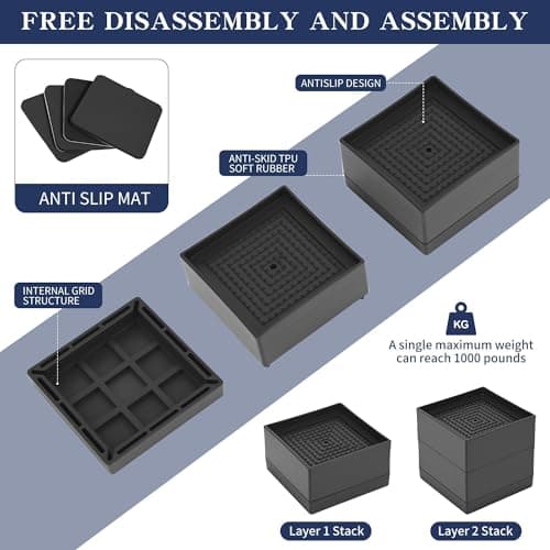 Bed Risers Adjustable Furniture Riser to 1.89 Inches and 3 Inches Blocks for Desk Legs Tables Sofa Refrigerators. Couch Risers for Table Legs Up to 4000 Pounds (Black) 5