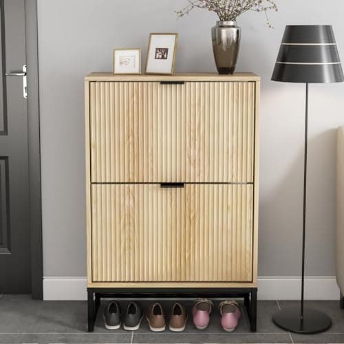 Jluomei Shoe Cabinet Storage for Entryway Slim Modern Shoe Rack Cabinet with 2 Flip Drawers Tipping Wooden Narrow Shoe Cabinet Freestanding Fluted Shoe Organizer for Living Room, Wood