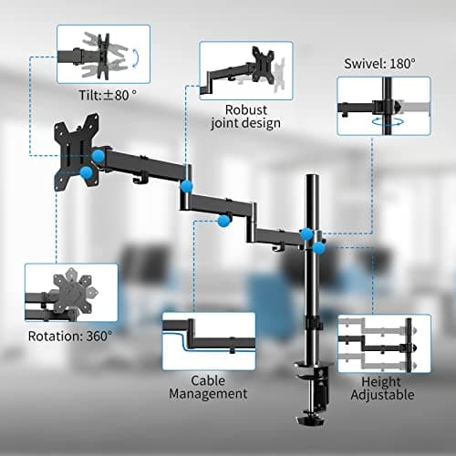 Single Long Monitor Stand, 13 to 32 inch Computer Monitor Desk Mount, Extra Long Adjustable Computer Arm, VESA Stand for 1 Screen, Max VESA 100x100, MD9431 3