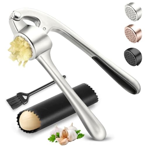 Kitchen Garlic Press, Rust Proof & Dishwasher Safe Garlic Mincer, Durable Garlic Crusher Set with Peeler＆Brush, Easy to Clean and Squeeze, Matte