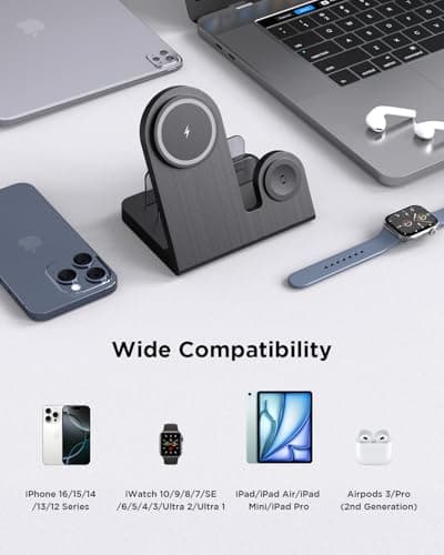P1euusy Wireless Magnetic Charger for iPhone: 3-in-1 Charging Station for Multiple Devices Apple - 18W Charging Stand for iPhone 17 16 15 14 13 12 Pro Max Plus Apple Watch iPad Airpods 3/Pro 2nd 5