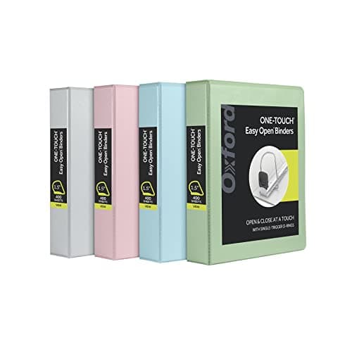 Oxford 3 Ring Binders, Binders for School, 1.5 Inch ONE-Touch Easy Open D Rings, 3-Sided View Binder Covers, Xtralife Hinge, Non-Stick, PVC-Free, Natural Pastels, 375-Sheet Capacity, 4 Pack (79918)