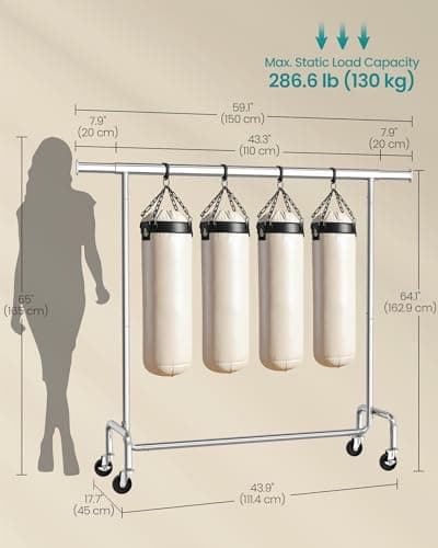SONGMICS Clothes Rack with Wheels, Heavy-Duty Garment Rack with Extendable Hanging Rod, 286.6 lb Load Capacity, 17.7 x (43.3-59.1) x 64.1 Inches, Chrome-Plated, Silver UHSR11S 6