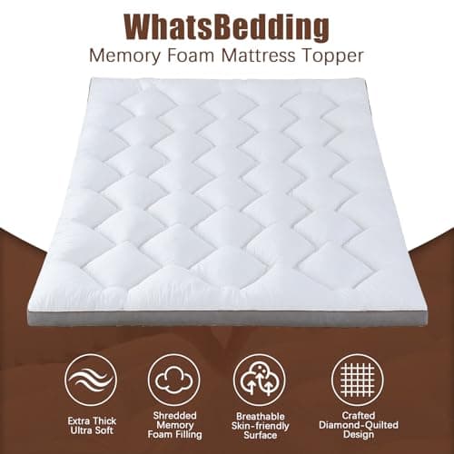 WhatsBedding 4 Inch Memory Foam Mattress Topper King, Extra Soft Pillow Top Mattress Topper with Breathable Air Mesh Sides, Fluffy Shredded Memory Foam Filled & Thicked Down Alternative-Lined 5