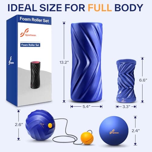 Sportneer 4 in 1 Foam Set, Muscle Relax Kit with 2 Textured Foam Pilates Rollers, Stringed Exercise Ball, Lacrosse Ball for Muscle Shoulder Back Leg Whole Body Relax Fitness Yoga, Blue 8