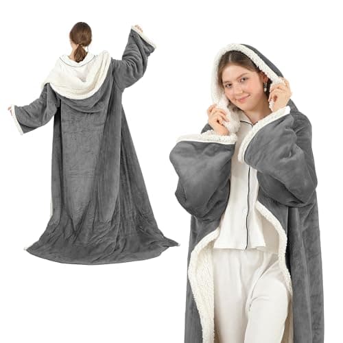 COZYTY Wearable Heated Blanket with Foot Pocket & Hood, Electric Snuggle Blankets with Sleeves, 6 Heating Levels & 1-4H Auto Shut-Off, Machine Washable, Housewarming & Gift, 50 * 70"+16", Dark Gray