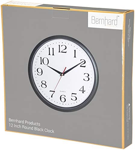 Bernhard Products Black Wall Clock Silent Non Ticking 12 Inch Quality Quartz Battery Operated Round Easy to Read Home/Office/Kitchen/Classroom/School Clocks 7