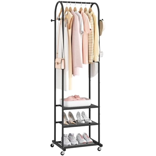 Kaitiemoo Heavy Duty Clothing Rack with Wheels,Modern Garment Rack with 3 Metal Shelves, 71.8Inches Display Rack for Hanging Clothes, Hanging Rod for Small Space,Black