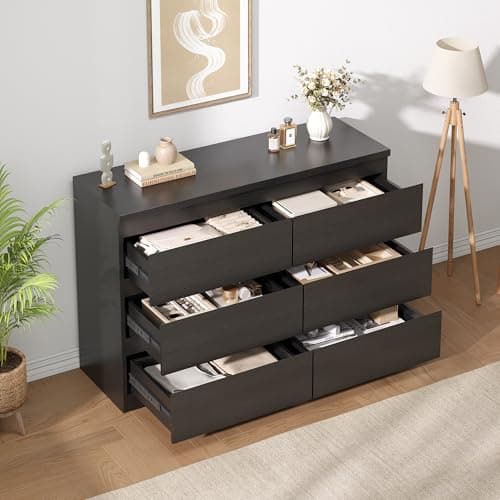 Jocoevol Black 6 Drawer Dresser for Bedroom, 15.3" D x 47.2" W x 32.3" H in Simply Modern Chest of Drawers, Wood Storage Double Dresser with Deep Drawers for Living Room, Hallway Entryway, Black 7