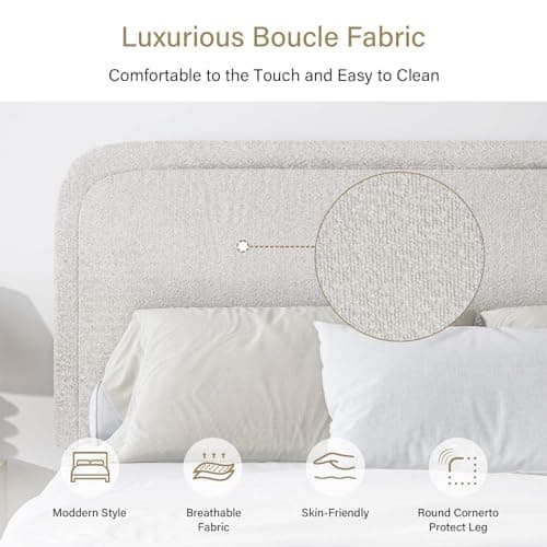 Queen Bed Frame with Headboard, Boucle Upholstered Platform Bed Frame, Modern Style, Soft Rounded Corners, Noise Free, Easy Assembly, Off White Boucle 6