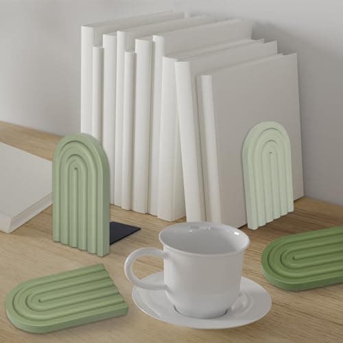 Whaline 4Pcs Boho Arch Wood Bookends Sage Green Rainbow Wooden Book Stands Decorative Non Skid Book Stoppers Study Cute Bookend for Back to School Heavy Books Home Office Library Kitchen (4 Colors) 6