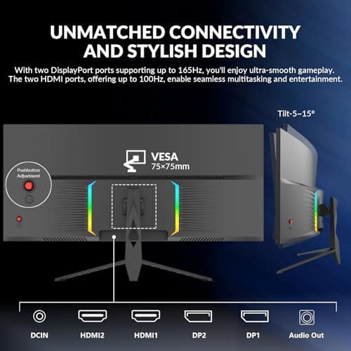 34 Inch Curved Gaming Monitor, 165Hz WQHD 4K( 3440*1440) Computer Monitor,1500R Curved, FreeSync, Support DP/HDMI/USB Ports, 130% sRGB, 4000:1 Contrast Ratio for Home Office & Gaming-Wall Mountable 4