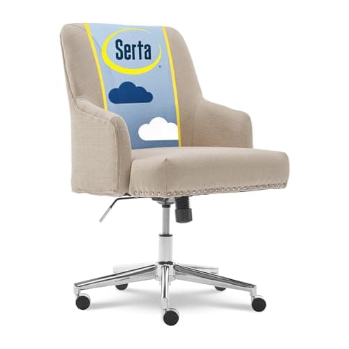 Serta Leighton Home Office Desk Chair, Mid-Back with Chrome Nailheads, Memory Foam Cushion and Padded Arms, Mid Century Modern Vanity Armchair with Wheels, Swivel Base, Twill Fabric, Stoneware Beige