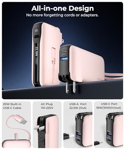 JOYFAR Portable Charger with Built-in USB-C Cable & Plug, 10,000mAh 5V/4.5A Power Bank Fast Charging 22.5W, Travel Essential Battery Pack 3 Output for iPhone 16/15 Series, Samsung Galaxy, iPad, 1 Pack 2