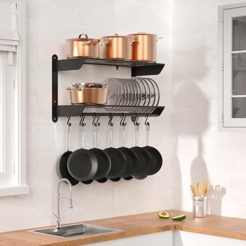 Taozun 30 Inch Pot and Pan Organizer, 2 Tier Heavy Duty Pot Rack Wall Mounted with 12 Hooks, Kitchen Cookware Utensils Hanger Organizers and Storage 8