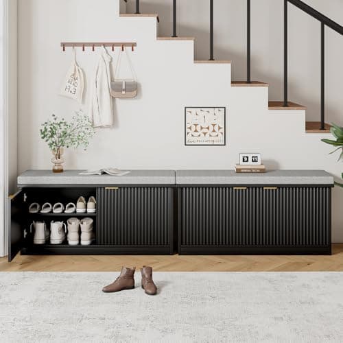 SINROM Shoe Storage Bench with Cushion and Doors, 2-Tier Entryway Bench with Shoe Storage and Adjustable Shelves, Shoe Rack Bench for Entryway, Living Room, Hallway, Bedroom 7