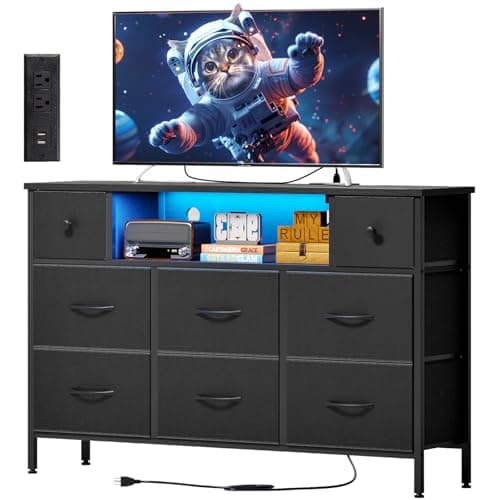 Fixwal Dresser for Bedroom TV Stand for 55 Inch TV with Charging Station and LED Light, Fabric Chest of Drawers, 8 Drawer Kids Dressers for Boys Bedroom, Living Room, Closet (Black)