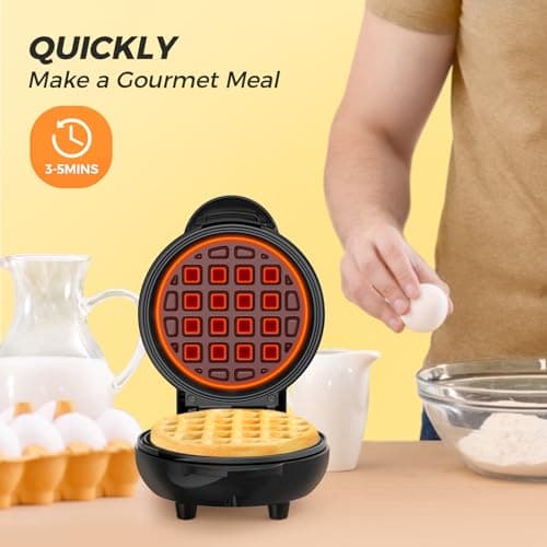 Tastyle Mini Waffle Maker, with Non-Stick Cooking Plates, Makes 4'' Waffles, Easy to Clean, Compact Design, 1 inch thick Classic Round Waffle Iron for Home, Dorm, and RV, black 6