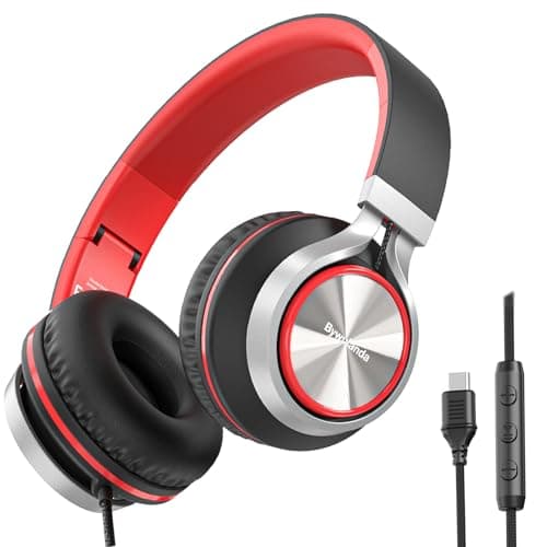 Bywulanda USB C Headphones with Mic and Volume Control, Hi-Fi Stereo Sound for iPhone 15 16 Pro, Wired Over-Ear Headphones for Smartphones Chromebook Laptop Tablets Travel(Black/Red)