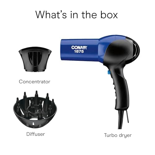 Conair Hair Dryer, 1875W Turbo Blow Dryer with Tourmaline Coating and Ionic Conditioning, Includes Diffuser and Concentrator Attachments, 2 Heat & 2 Speed Settings, Blue/Black 9