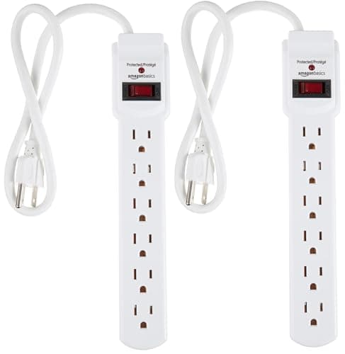 Amazon Basics Surge Protector Power Strip, 6-Outlet with 200J Protection, Circuit Breaker, LED Indicator, On/Off Switch, Wall-Mounting, 2ft Extension Cord, White, 2-Pack
