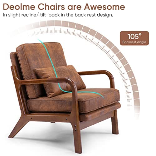 Mid Century Modern Accent Chair Set of 2 Living Room- Comfy Solid Wood Arm Chair with Lumber Pillow Lounge Decorative Brown Leather Office Side Chair Bedroom Reading Nook Sillas De Sala Microfiber 7