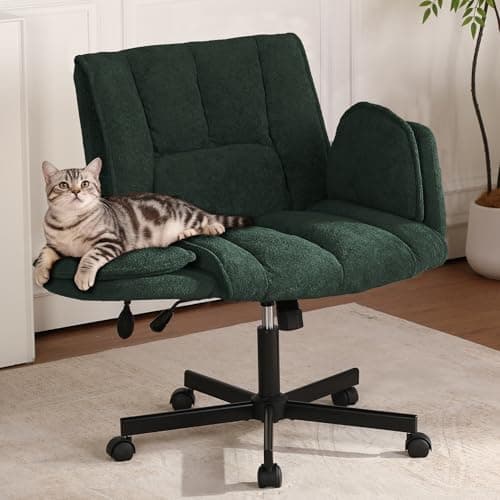 EMPSTY Criss Cross Chair with Wheels & Outward-Folding Arms, Cross Legged Office Chair, Built-in Dynamic Airbag Lumbar Support, Wide Seat Desk Chairs for Home Office, Apartment, Vanity, Dark Green