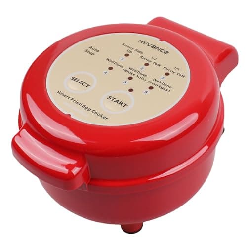 Hyvance Smart Fried Egg Cooker, Automatic Fried Egg Maker for 6 Features like Sunny Side Up, Over Easy, Fully Cooked & More. Auto Power Off, Alarm, Round Shape, Non Stick Coating (Red)
