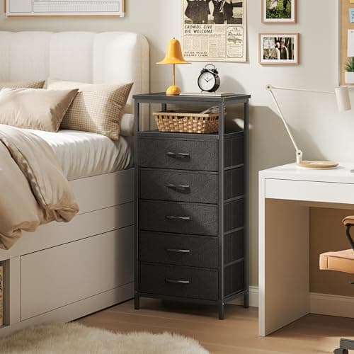 Huuger 5 Drawers Dresser with Charging Station, Dresser for Bedroom, Tall Night Stand, Chest of Drawers with Open Shelf, Bedside Table Nightstand, Fabric Storage Drawers, for Entryway, Black 5