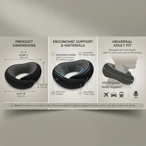 Bely King Travel Neck Pillow for Airplane - 100% Memory Foam 360° Ergonomic Support - Adjustable Velcro, Washable Velvet Cover & Compact Storage Case - Flight Essentials for Sleeping (Black) 8