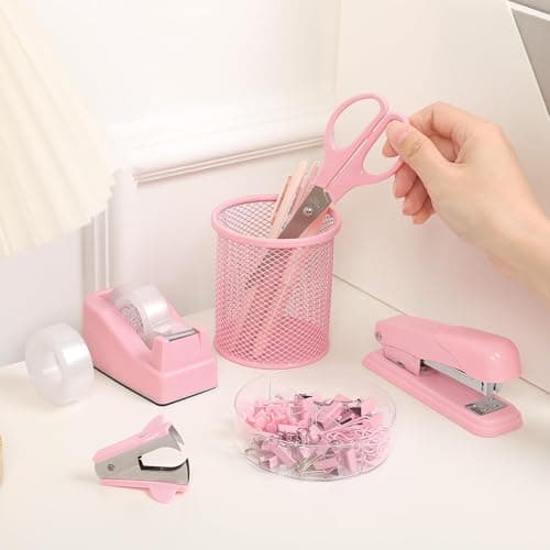 SKYDUE Pink Office Desk Accessories, Pink Office Supplies, Stapler, Tape Dispenser, Scissors, Clips and 1000pcs Staples,Office Supplies for Desk for Women 5