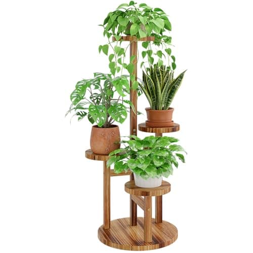 Bamworld Plant Stand Indoor Plant Shelf 4 Tier Wood Plant Stand for Multiple Plants, Tall Corner Plant Stands for Outdoor Round Flower Stand Plant Holder for Living Room Patio Garden Balcony