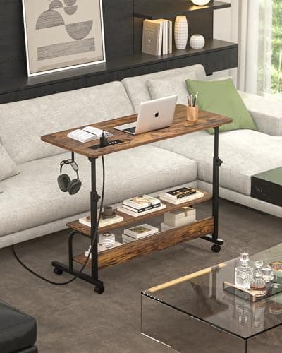 Armocity Rolling Standing Desk with Power Outlets, 32" Manual Height Adjustable Mobile Computer Desk with Wheels, Small Portable Sit Stand Laptop Couch Table for Bed & Sofa Home Office, Rustic Brown 8