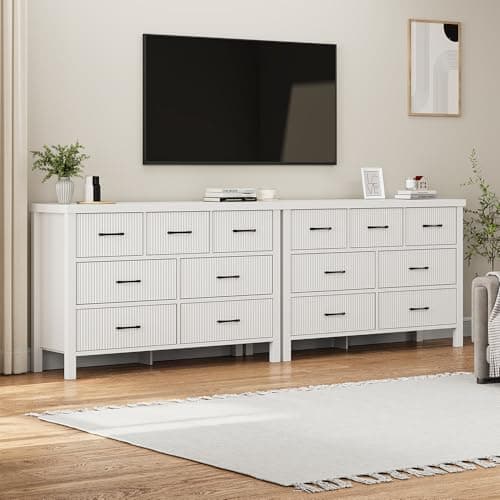 Jocoevol White 7 Drawer Dresser for Bedroom, Modern Fluted Dresser with Solid Wood Legs, Long Double Wooden Large Chest of Drawers for Living Room, Entryway, Hallway (White Fluted) 9