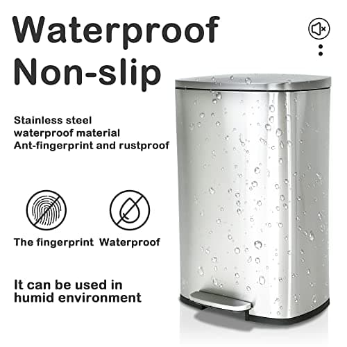 BIQWBIC 50 Liter / 13 Gallon Kitchen Trash Can, Stainless Steel with Lid, Foot Pedal and Inner Bucket, Fingerprint-Resistant Soft Close Lid Garbage Can, Odor Proof and Hygienic 5