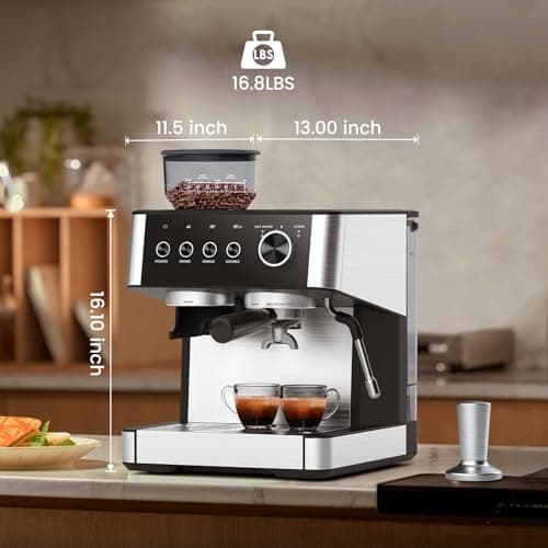 Joy Pebble 15 Bar Espresso Machine with Grinder & Milk Frother, All-in-One Coffee Maker for Home Baristas, 30-Position Grinder, 2.9L Removable Tank,for Cappuccino Latte 7